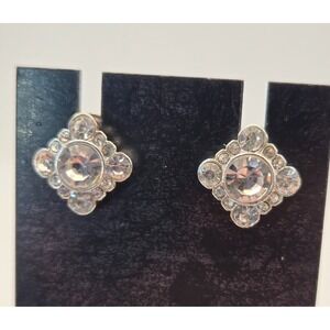 Vtg Inspired Silver Tone Crystal Rhinestone Cluster Diamond Shape Stud Earrings